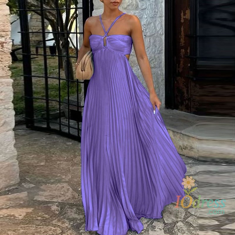 IO Dress Blue High Waist Pleats Robe Dress Casual Sleeveless Solid Color Holiday Dress Summer Sexy Halter Hollow Off Shoulder Party Dress