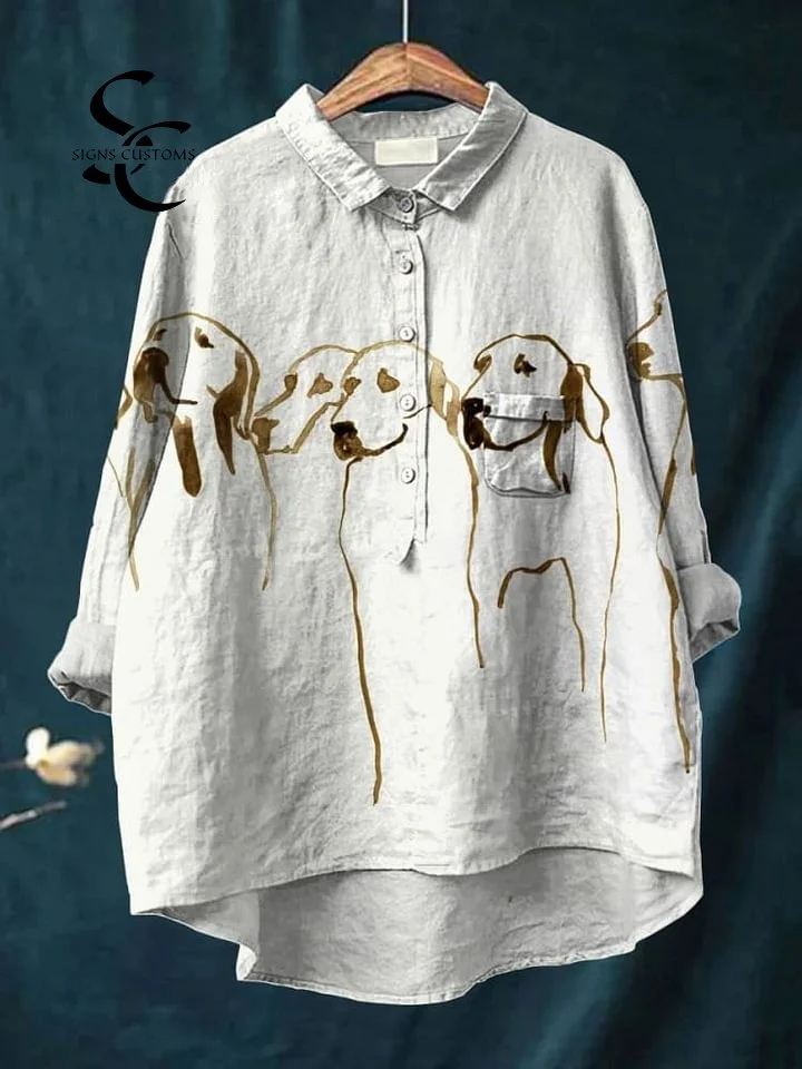 Women's Cute Dog Art Print Casual Cotton And Linen Shirt