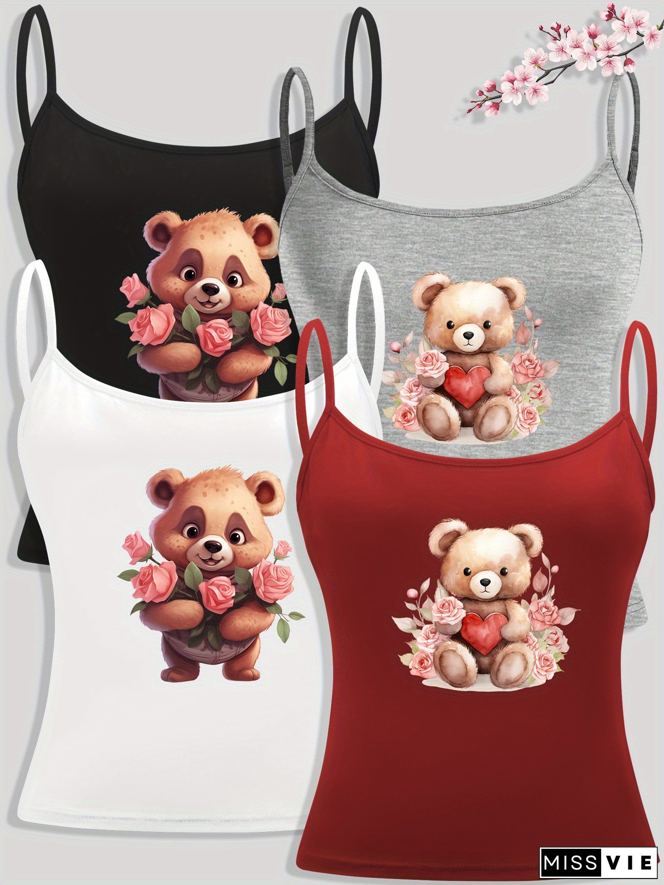 4pcs Womens Sexy Sleeveless Backless Spaghetti Strap Cami Tops Cute Teddy Bear Floral