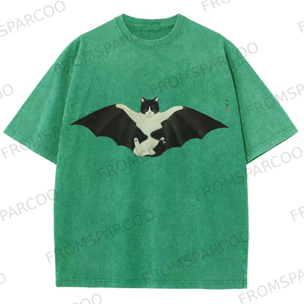 Bat Cat Washed Vintage Short Sleeves T-Shirt