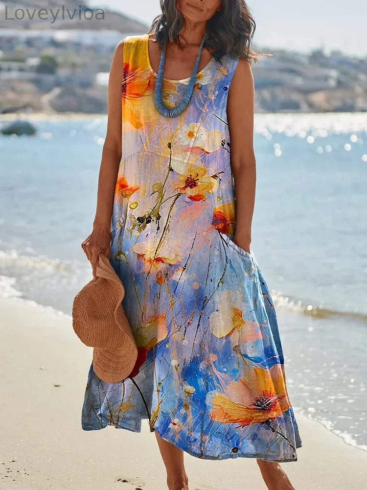 Women's Flowers Watercolor Pocket Pinafore Linen Dress