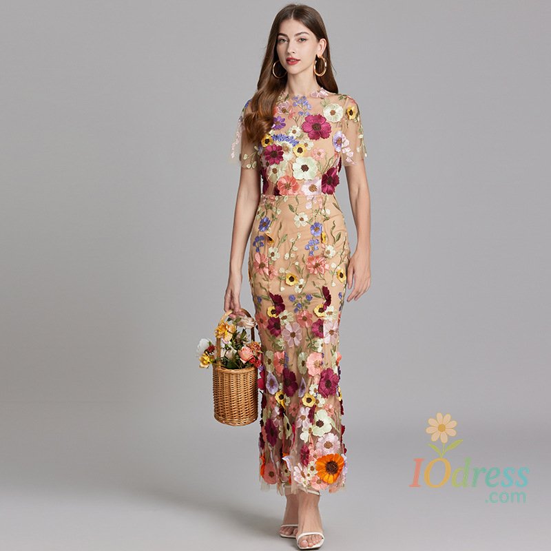 IO Dress French Heavy Three-dimensional Flower Embroidery Dress Waist Stand Collar Short Sleeve Long Dress Slim Women Fishtail Dress IO Dress
