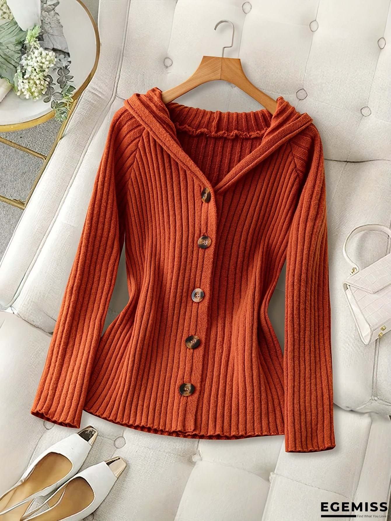 Women&lsquo;s Elegant Solid Color Hooded Cardigan with Button Front - Cozy Ribbed, Long Sleeves, and Side Pockets, Perfect for Fall/Winter, Casual to Formal Wear, Casual Winter Wear | Elegant Cardigan | Construction, Sweater Cardigan | EGEMISS