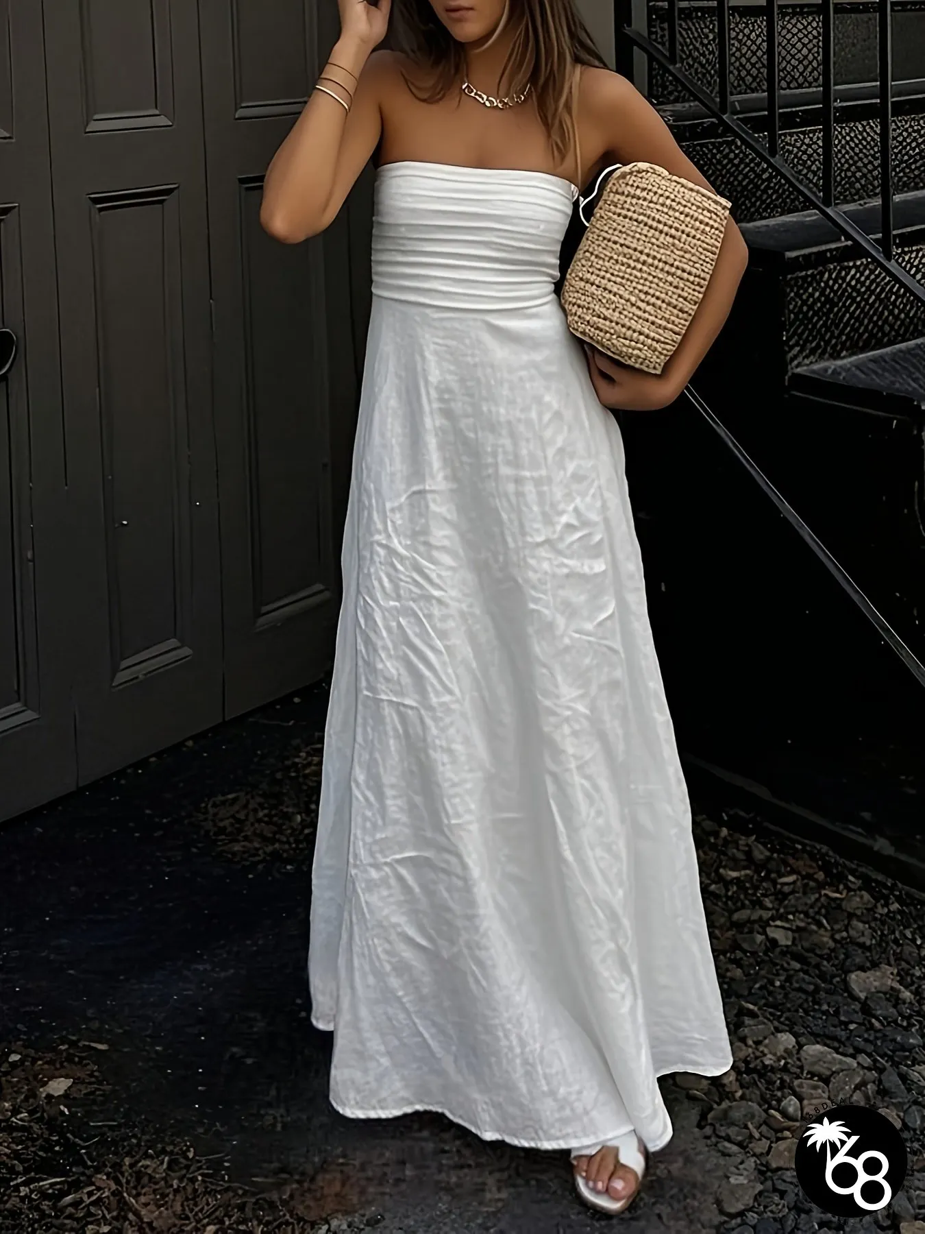 Elegant White Maxi Dress For Women Sleeveless Ruched Waist Flowing Design Perfect | 168DEAL