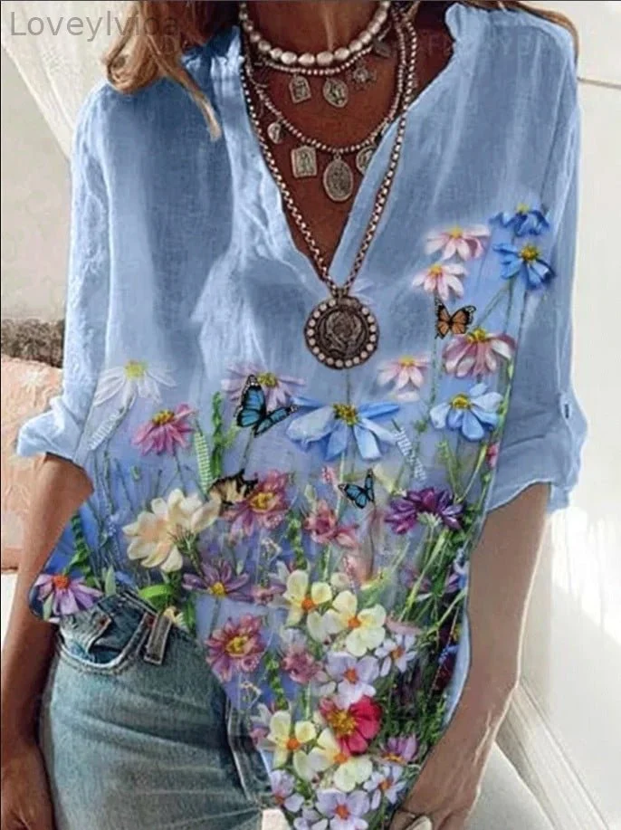 Women's Cotton Linen Oil Painting Print Loose V-Neck Long Sleeve Shirt