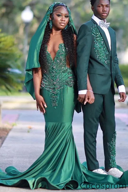 fitted lace wedding dress Mermaid Spaghetti Straps Dark Green Long Prom Dress with Appliques