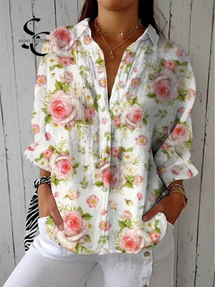 Women's Lovely Floral Art Print Casual Cotton Linen V-neck Shirt