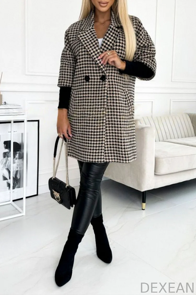 Women's Houndstooth Sleeves Knitted Patchwork Lapel Jacket