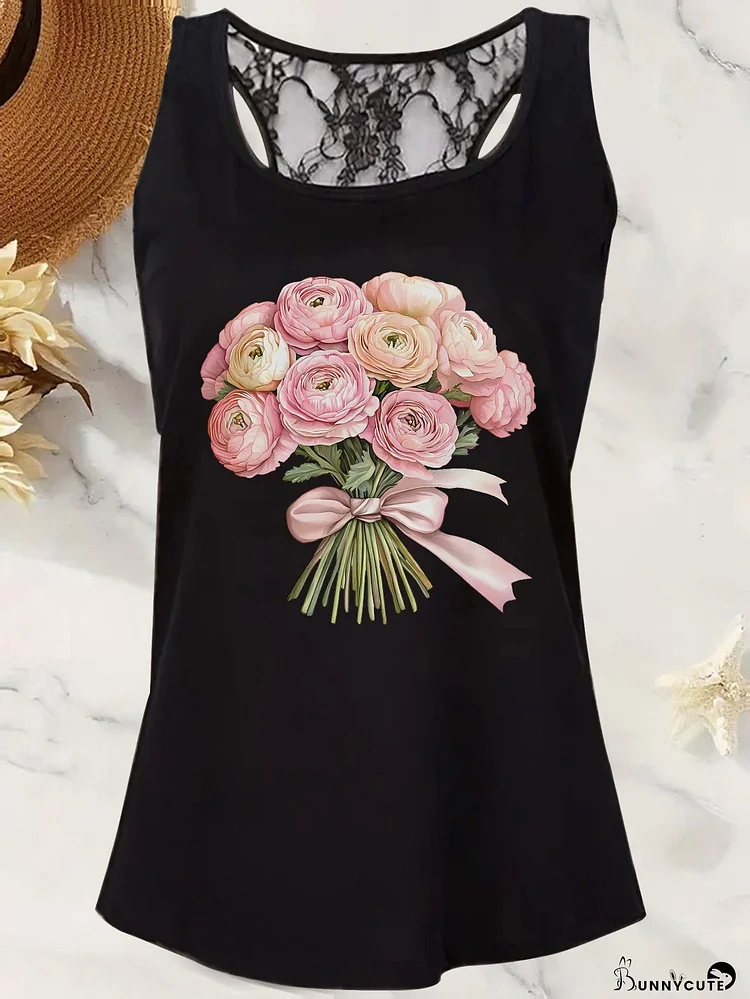 Women's Sleeveless Lace Backless Tank Top With Pink & Peach Floral Print, Green Stems & Bow Design - Sexy Summer Fashion, White With Lace Trim, Perfect For Casual Or Stylish Outfits, Floral Print Top