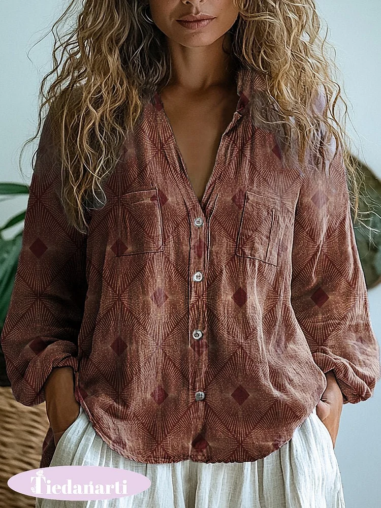 Dark Color Geometric Pattern Printed Women's Casual Long Sleeve Comfortable Cotton Shirt