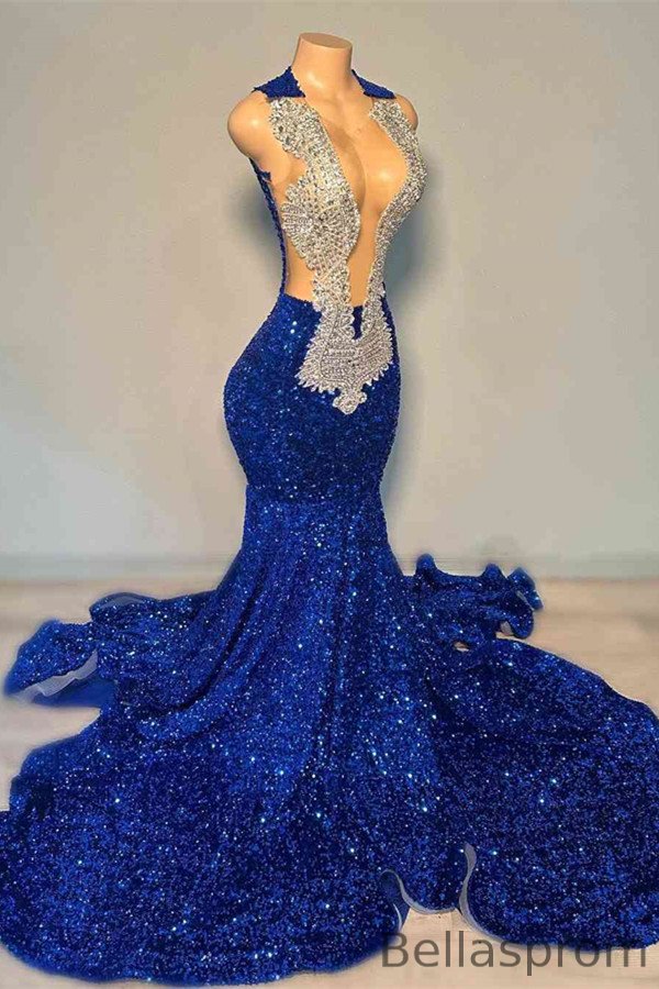 Bellasprom Royal Blue Sequins Mermaid Prom Dress Long Scoop With Beadings Bellasprom
