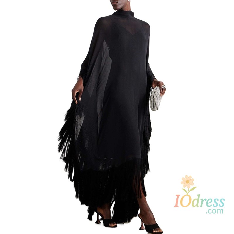 IO Dress 2025 New Spring Fashion See-Through Tassel Party Dresses Women Batwing Sleeves Solid Color High-Neck Two Piece Set Dress