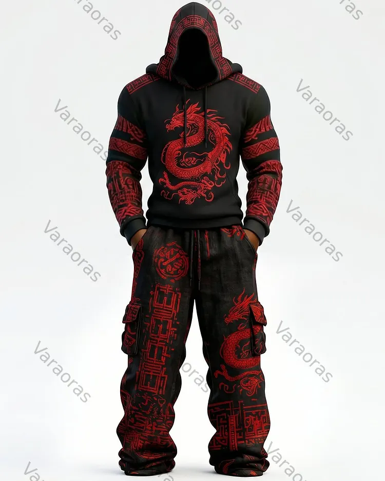 Men's Fashion Contrast Colo Red Dragonr Embroidered Hoodie & Pants Two-Piece Set 6612