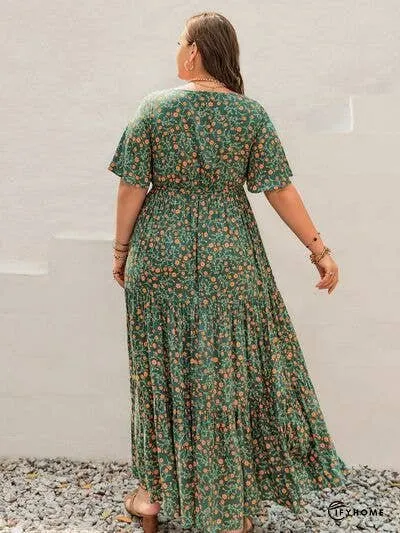 Plus Size Printed Short Sleeve Tiered Maxi Dress | IFYHOME