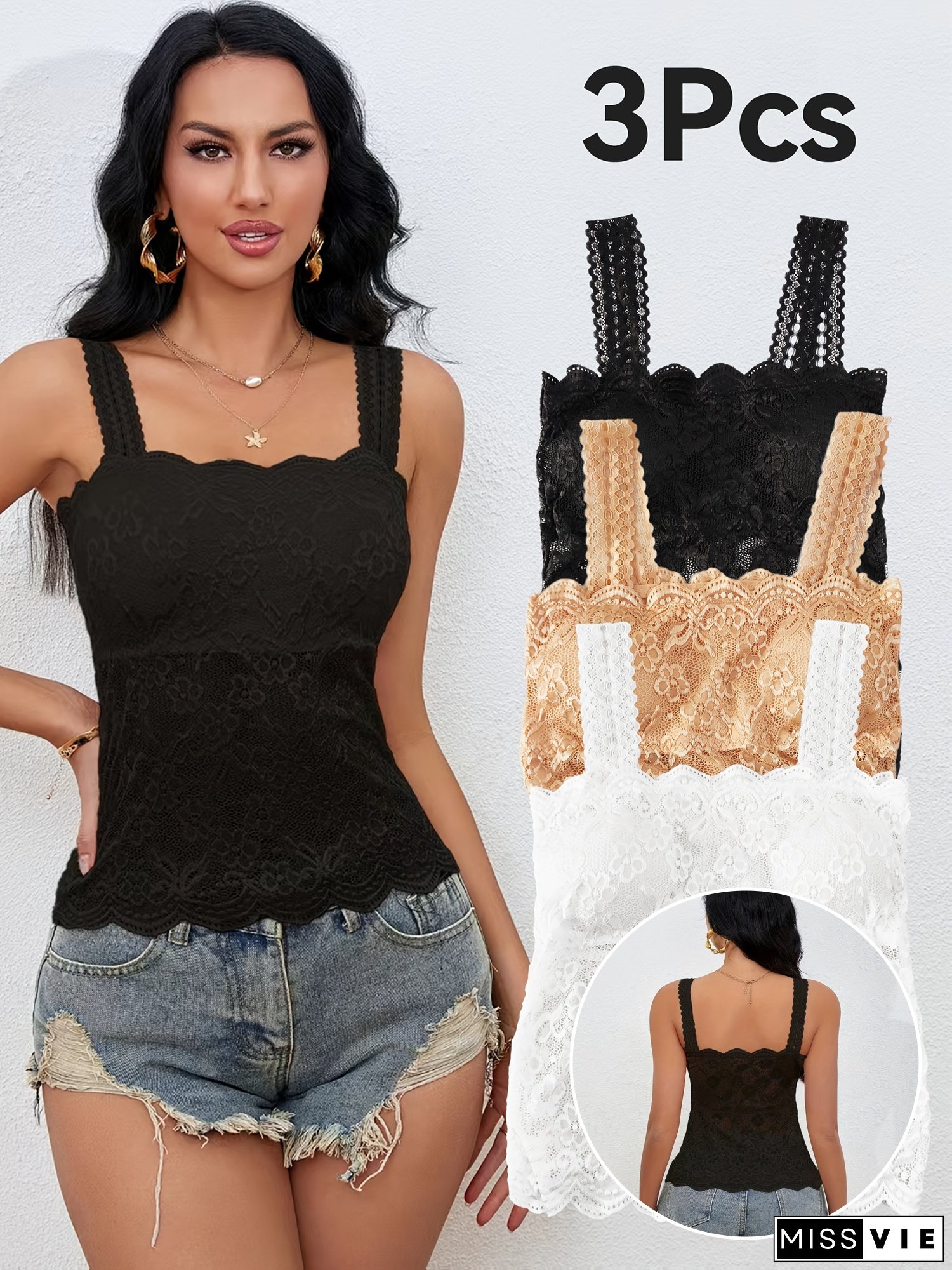 3pcs Women's Sexy Lace Camisole Tops with Removable Pads - Semi-Sheer Sleeveless Tops, Black & White & Golden Lace, Nylon/Elastane Blend for Layering & Casual Wear