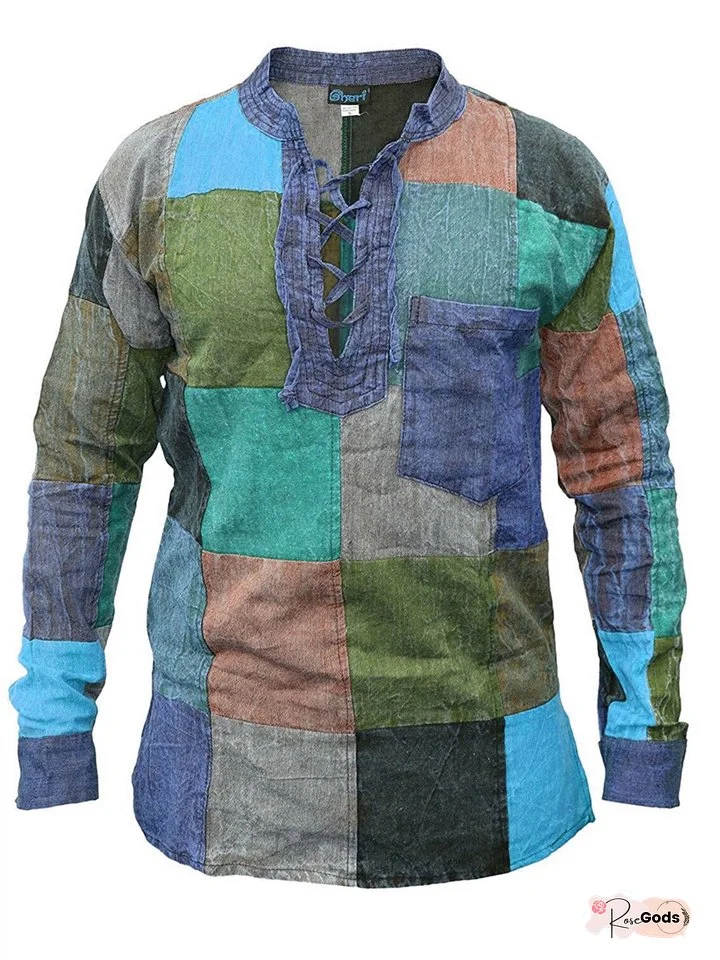 Men's Casual Pullover Stand-up Collar Slim Long-sleeved Shirt Fashion Printing Colorful Patchwork Shirt Man