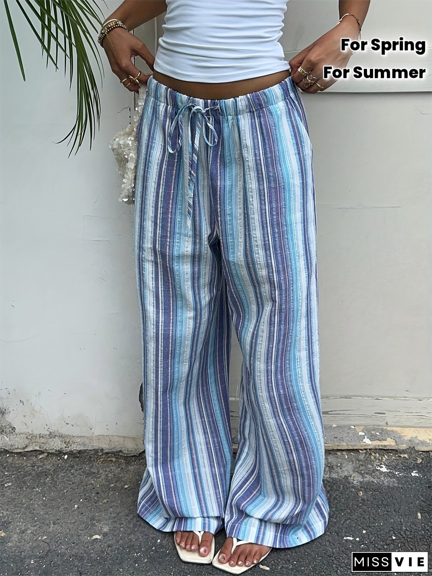 Womens High-Waisted Wide-Leg Pants with Drawstring Waist Light Blue White Vertical Stripes