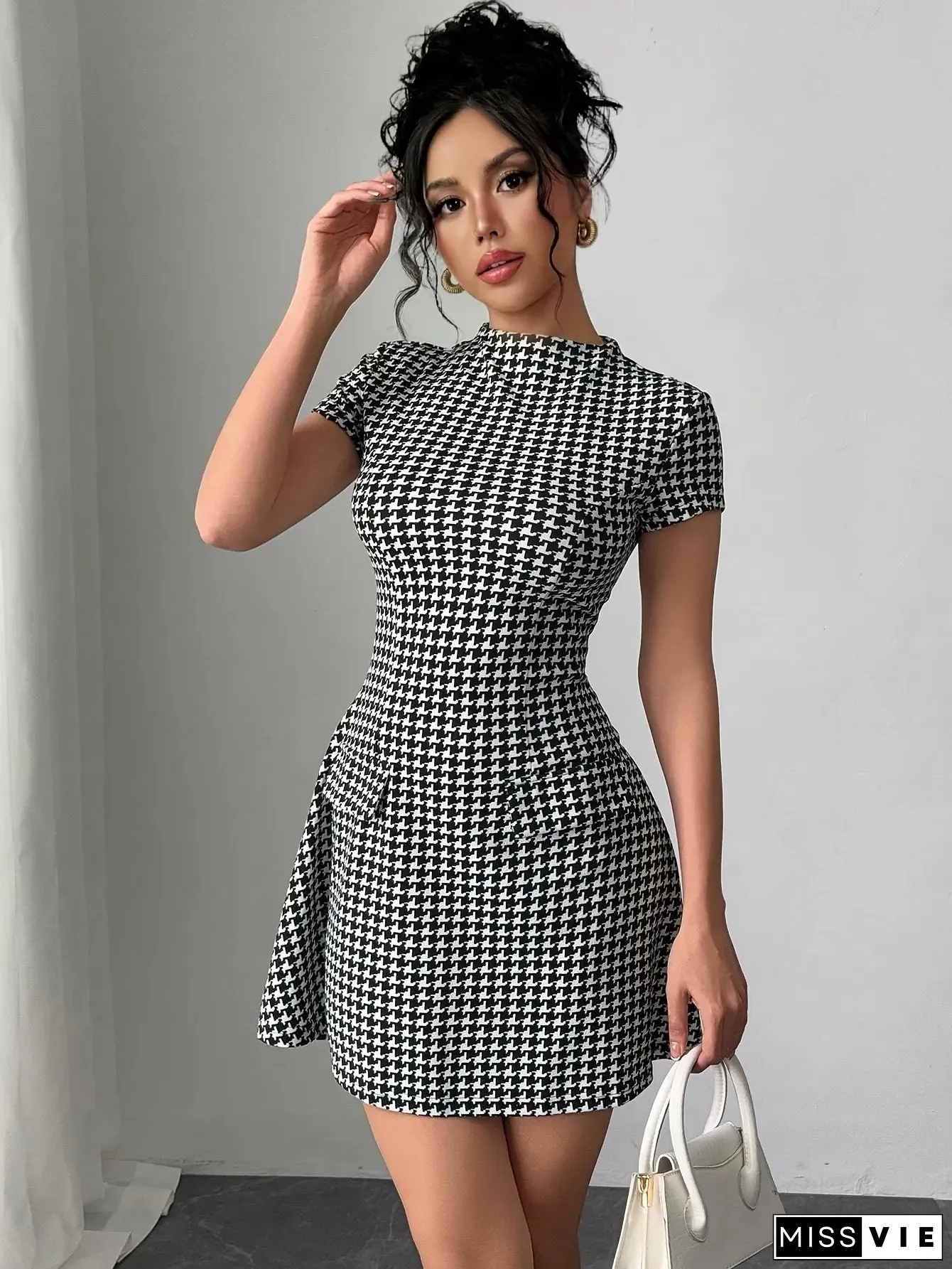 Elegant Houndstooth Womens Short Sleeve Dress High Neck Fitted Waist Flattering Silhouette