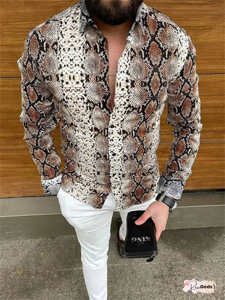 Men's Shirt Snakeskin Flip Long Sleeve Street Casual 3D Button Up Fashion Casual Beach Mens Shirt