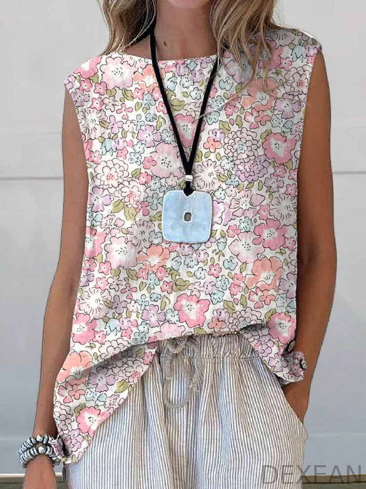 Women's Retro Elegant Floral Art Print Casual Cotton And Linen Tank Top
