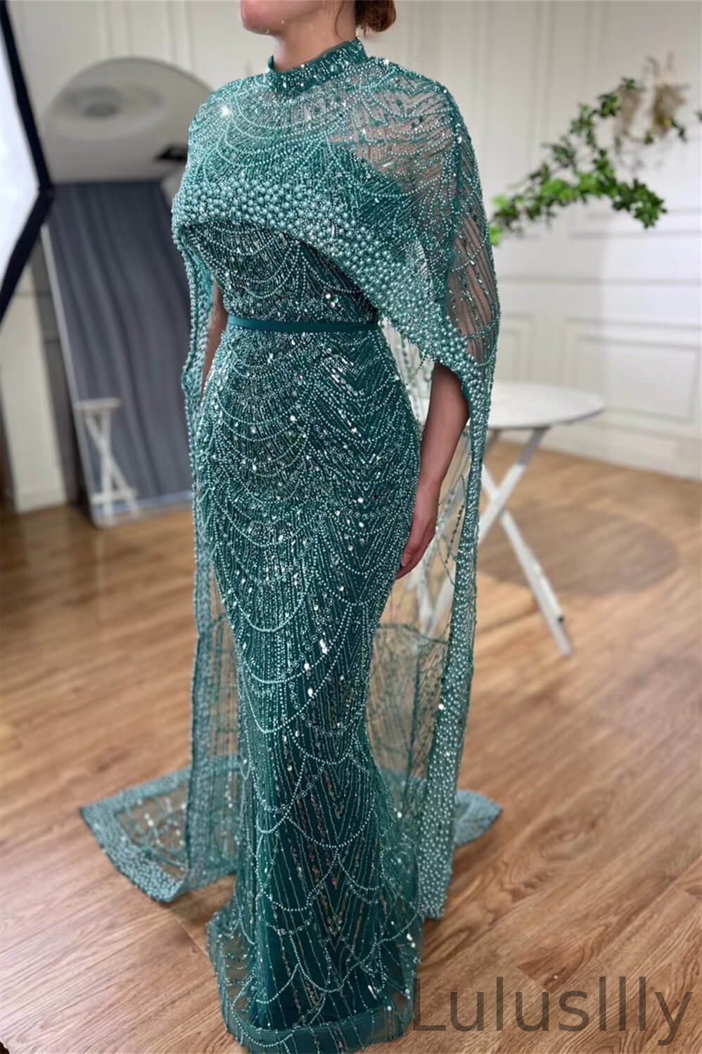 Luxury High Neck Mermaid Pearls Evening Gowns With Cape Long Sequins Beads - lulusllly