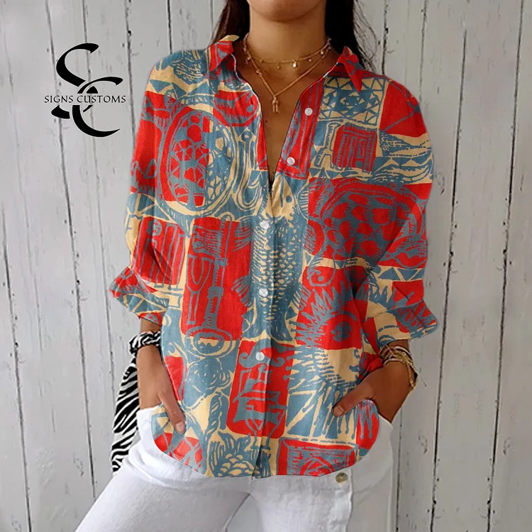 Women's Vintage Abstract Art Print Casual Linen V-neck Shirt