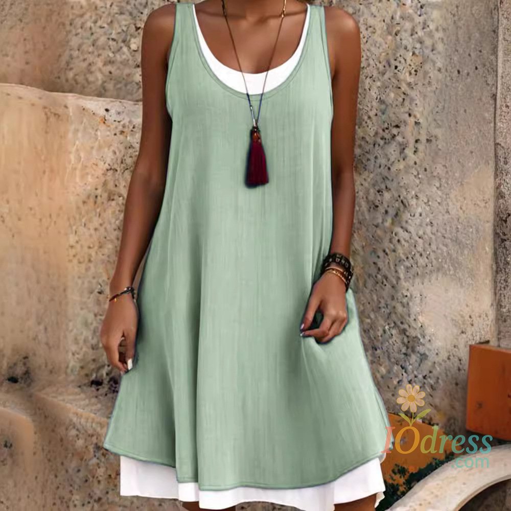 IO Dress For Women Print Dress Summer Sleeveless Fake Two Piece Loose Casual Dresses Female O Neck Holiday Party Dress Vestidos IO Dress Store