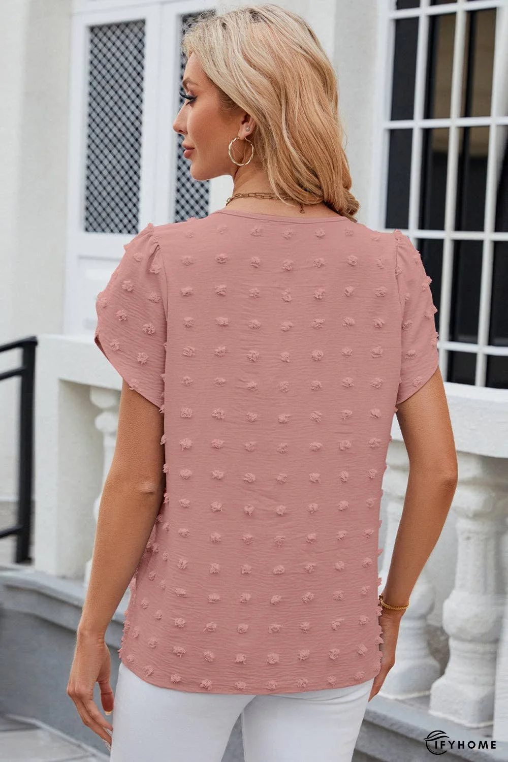 Swiss Dot Round Neck Petal Sleeve Blouse | IFYHOME
