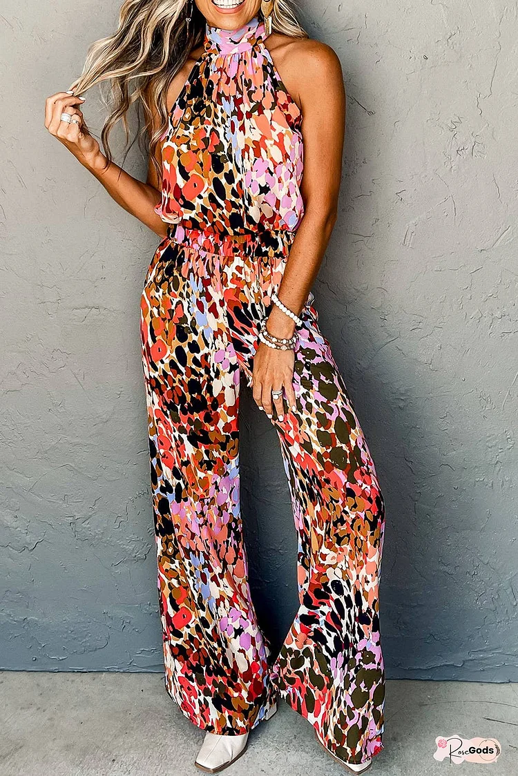 Leopard Print Halter Tank Top and Pants Set