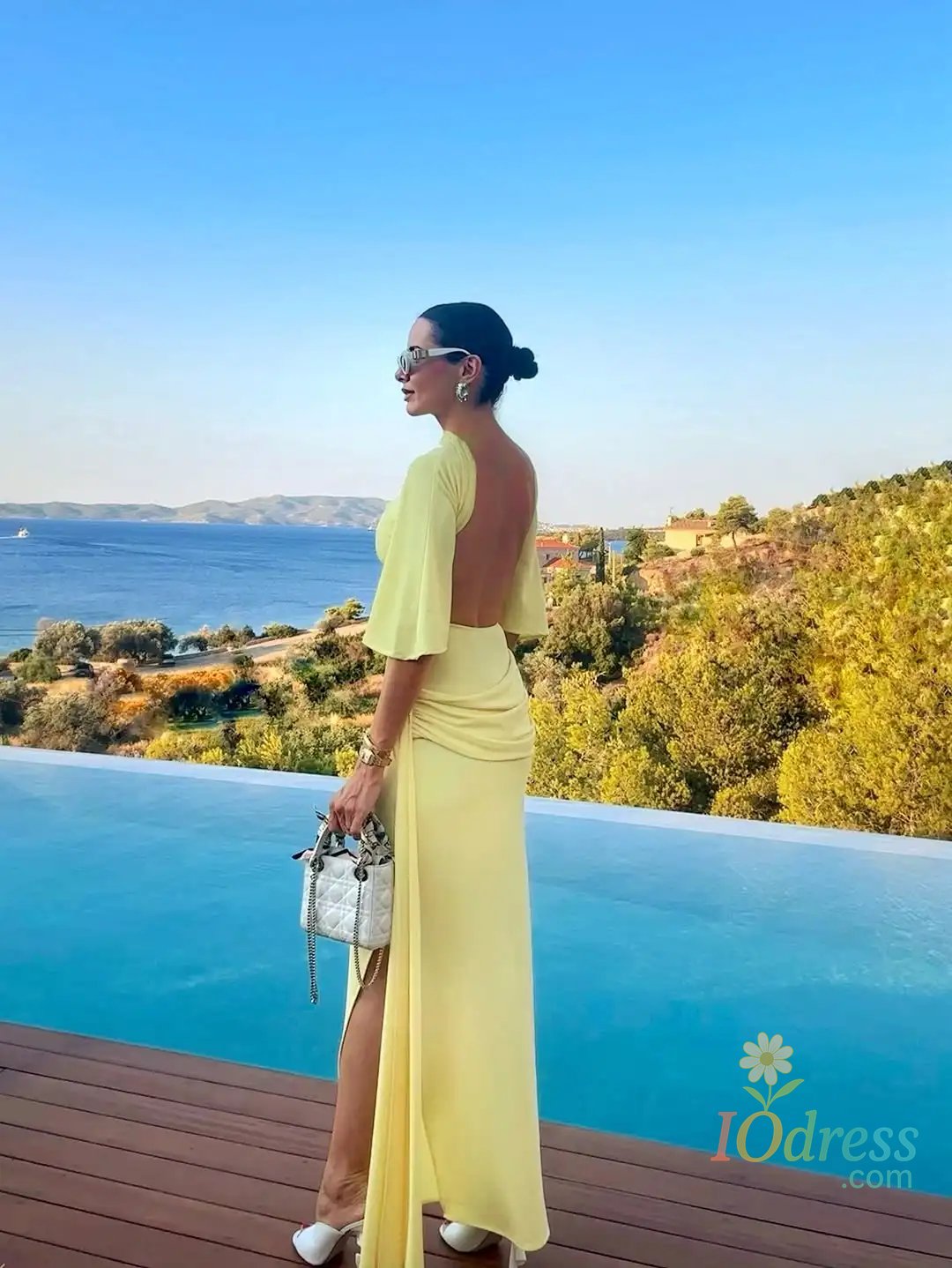 IO Dress Women Yellow Backless Maxi Dress Sexy Half Sleeve Split Slim Fit Pleated Long Dresses Street Summer Holiday Solid Lady Gowns