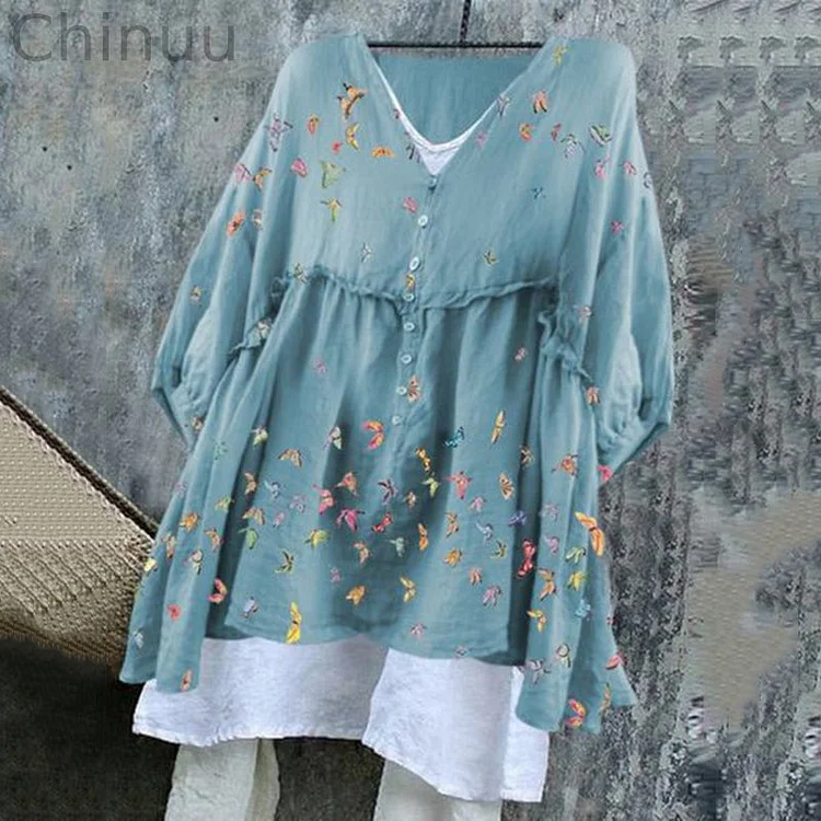 Casual 3/4 Sleeve Butterfly Print V-Neck Linen Shirts