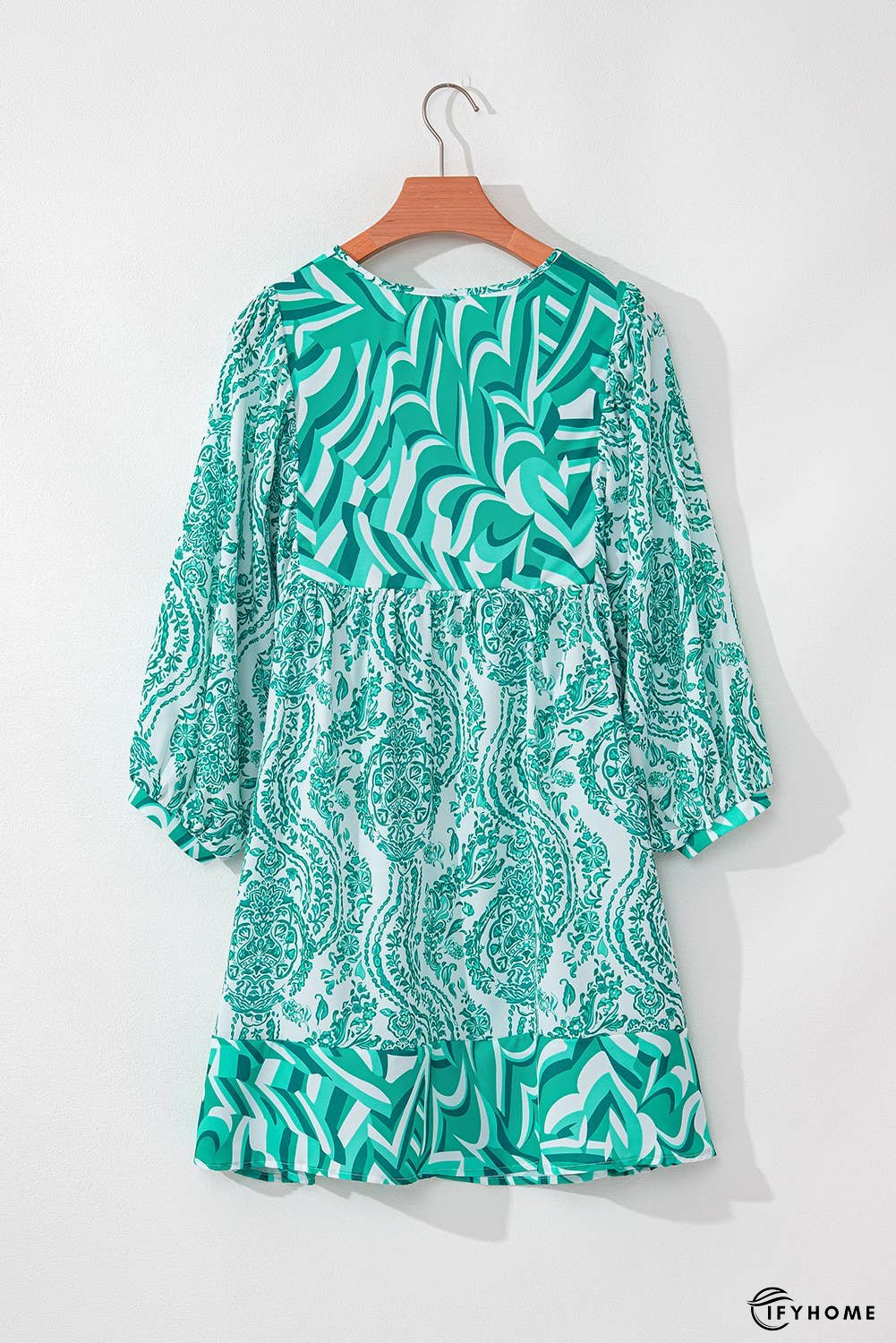 Bohemian Print Puff Sleeve Tied Flared Mini Dress | IFYHOME