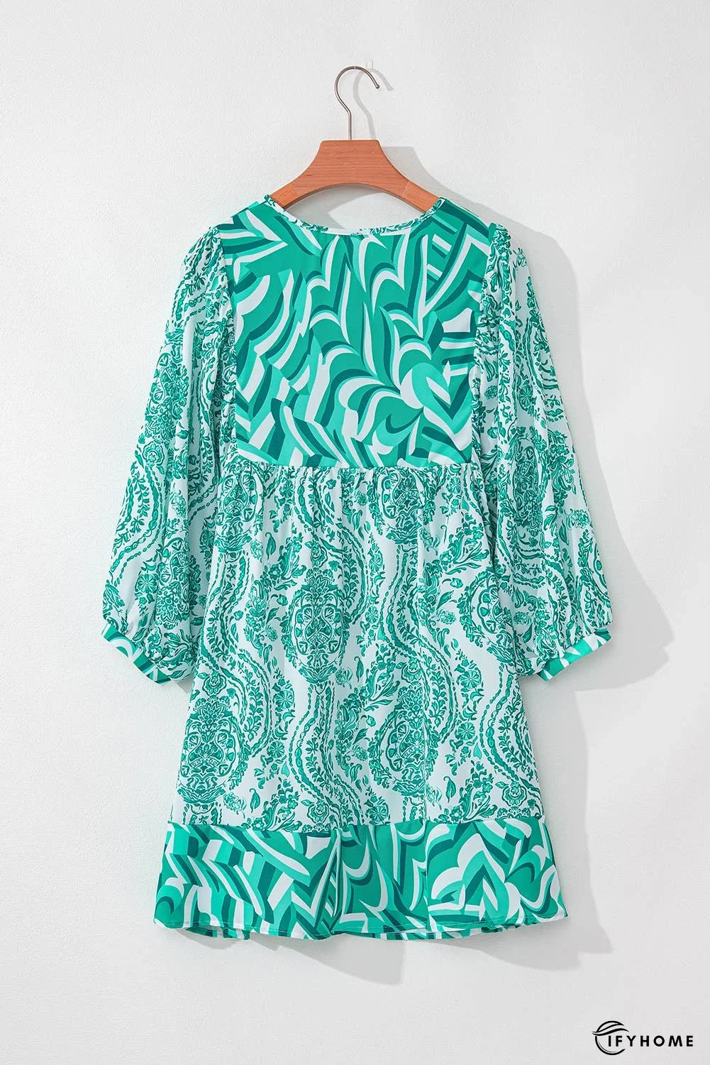 Bohemian Print Puff Sleeve Tied Flared Mini Dress | IFYHOME