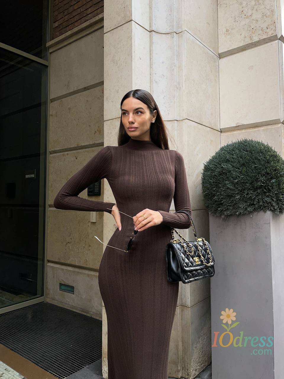 IO Dress 2025 Autumn Winter New Solid Long Sleeved High Neck Women's Sexy Knitted Dresses Fashion Elegant Striped Bodycon Sweater Dress