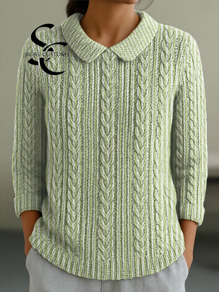 Women's Green Line Pattern Casual Peter Pan Collar 3/4 Sleeve Sweater