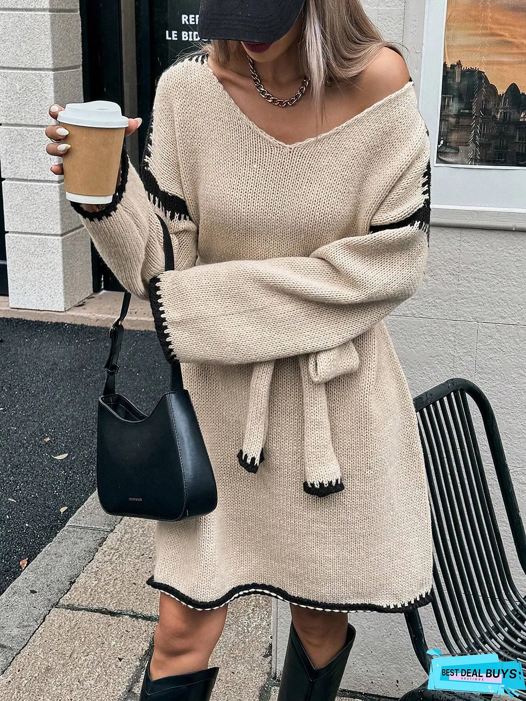 Womens Elegant V-Neck Sweater Dress Long Sleeve Loose Fit with Belt Chic Office Party
