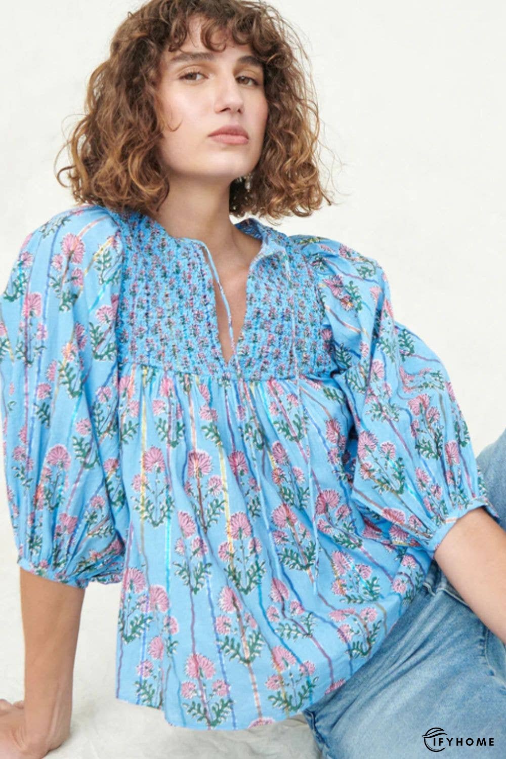 Smocked Floral Print Tie Neck Blouse | IFYHOME