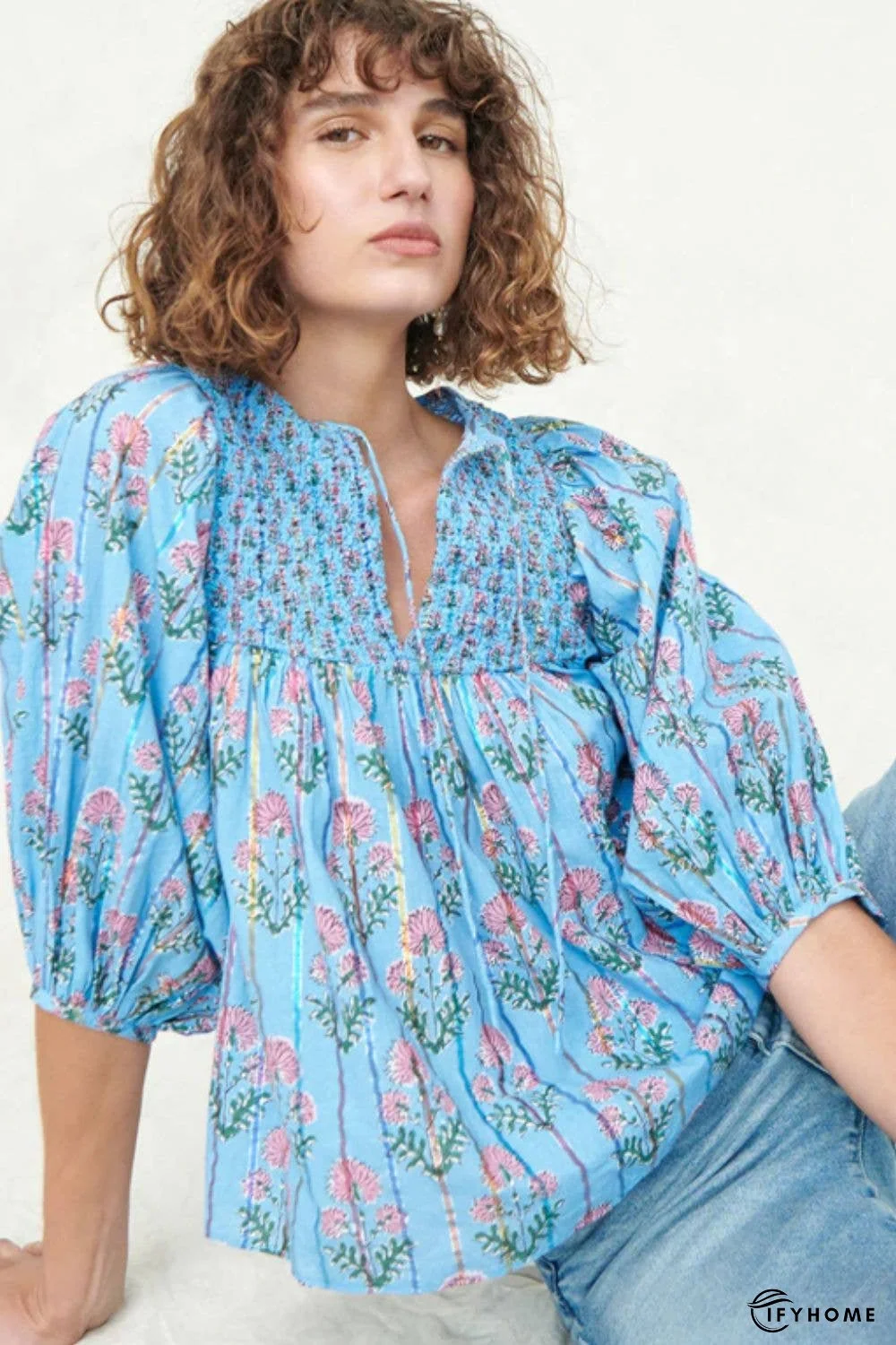 Smocked Floral Print Tie Neck Blouse | IFYHOME