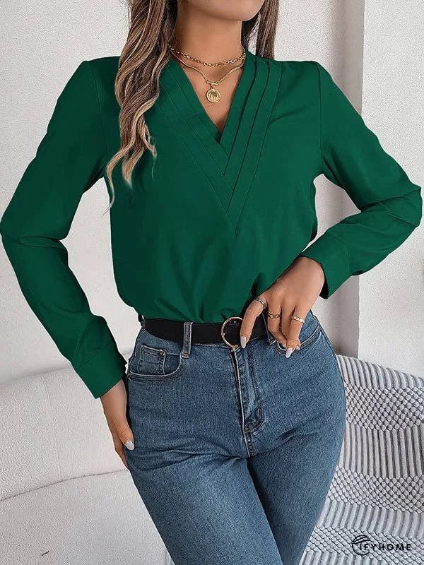 Long Sleeves Loose Pleated Solid Color Split-Joint V-Neck T-Shirts Tops | IFYHOME