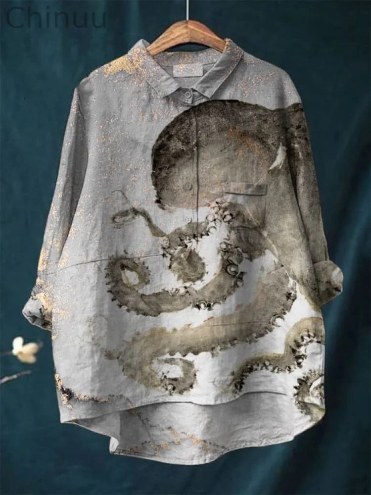 Vintage Japanese Octopus Pattern Art Print Casual Cotton And Linen Shirt
