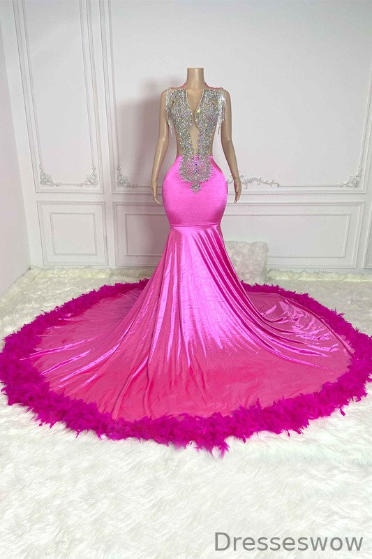 Dresseswow Hot Pink Scoop Sleeveless Mermaid Formal Dresses With Beadings Crystals Feathers