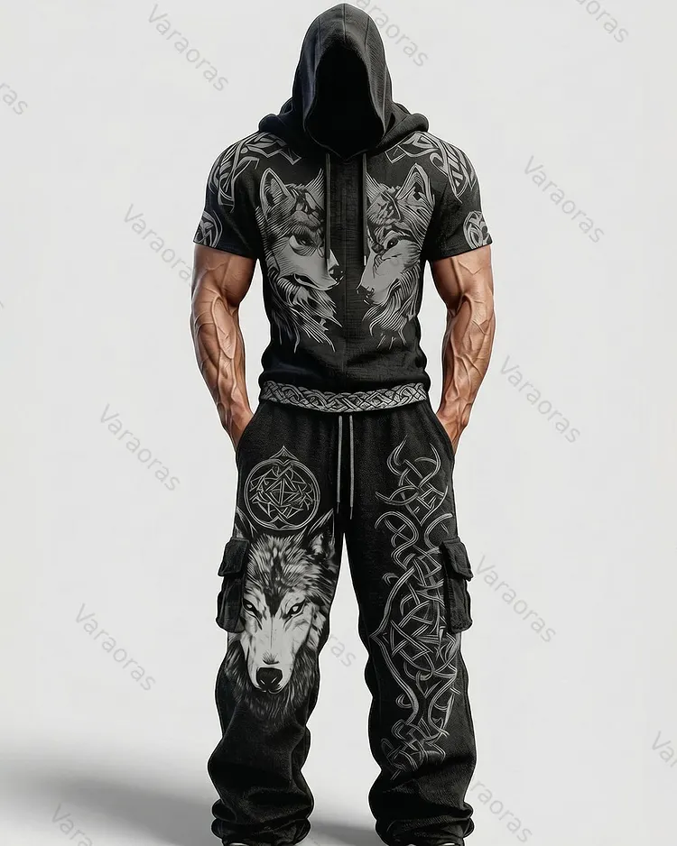 Men's Fashion Viking Contrast Color Embroidered Hoodie & Pants Two-Piece Set 7265