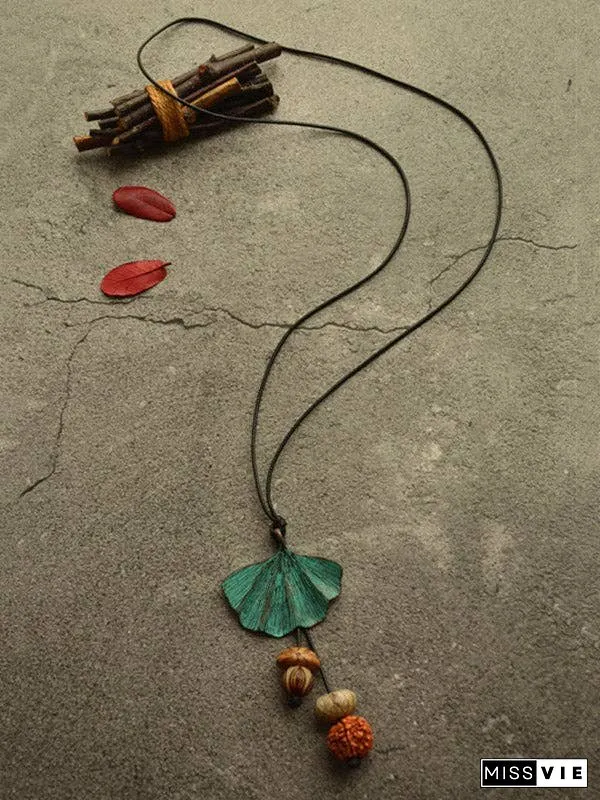 Vintage Wooden Beaded Leaf Shape Necklaces Accessories