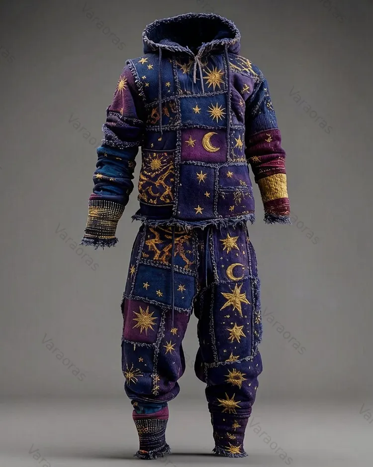 Men's Spring/Summer Fashion Star and Moon Embroidery Color Block Two-Piece Set 7706
