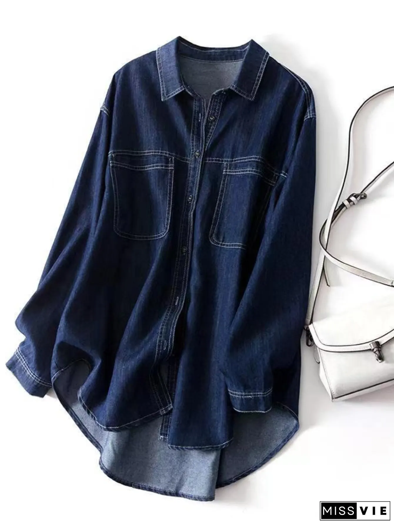 Womens European Inspired Denim Overshirt Vintage Washed Relaxed Fit Long Sleeve Jacket