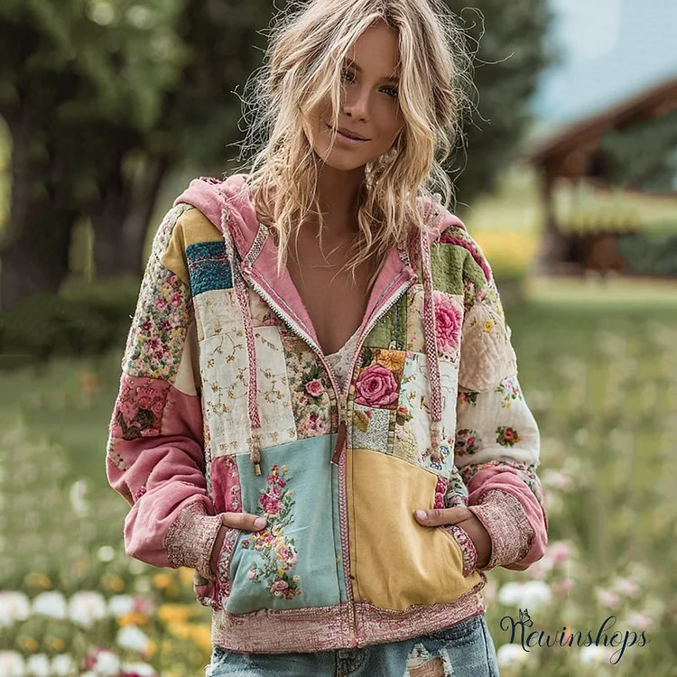 Women's Vintage Floral Patchwork Cozy Warm Zipper Hoodie