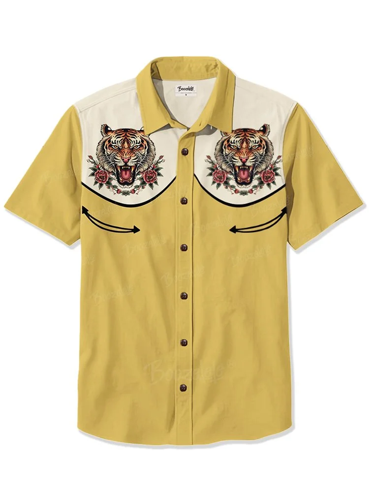 新品tigrebrocante bartuckshirtjbcket Men's Retro tattoo Tiger Print 100% Cotton Shirt
