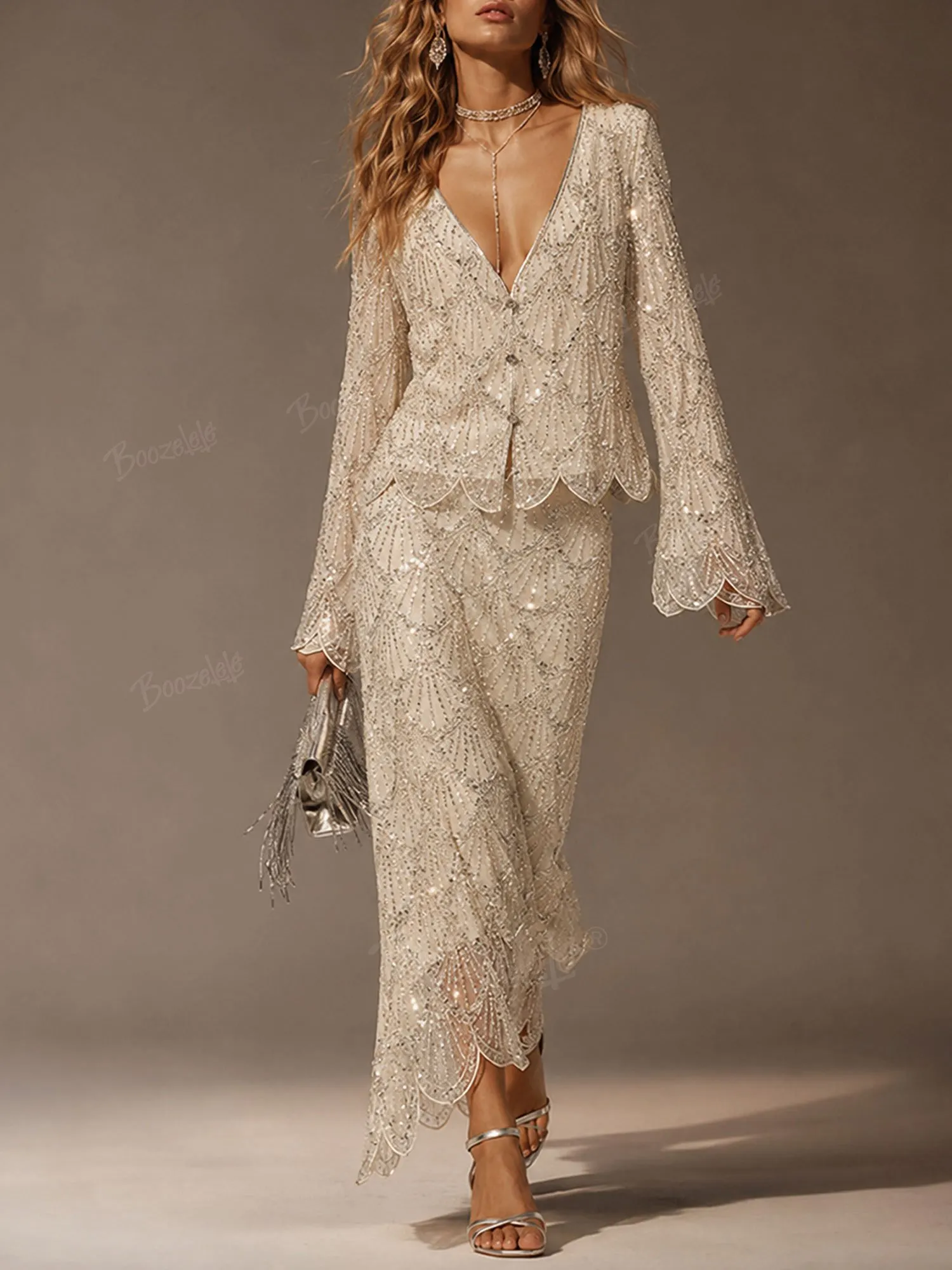 Great for an Artistic Ranch Party &mdash; Cream Embellished Flare-Sleeve 2026 Spring/Autumn Women&rsquo;s Boho Set Suit