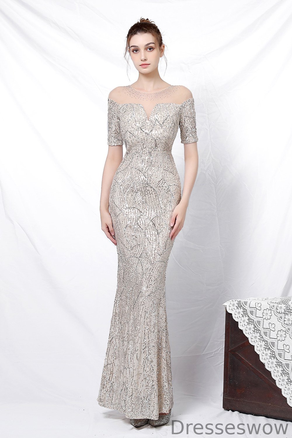 Dresseswow Short Sleeves Sheer Neck Mermaid Evening Dress Sequins Online YE0093