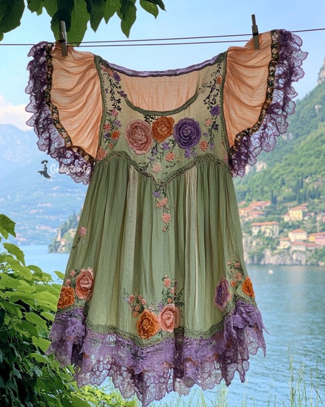 Summer Vacation Ruffle Lace Chiffon Elegant Long Top 3665